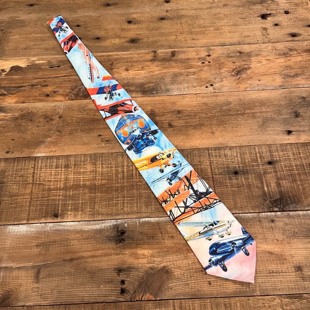 Vintage 1994 Ralph Marlin Bicentennial of Flight Aviation Airplane Tie Mens Blue